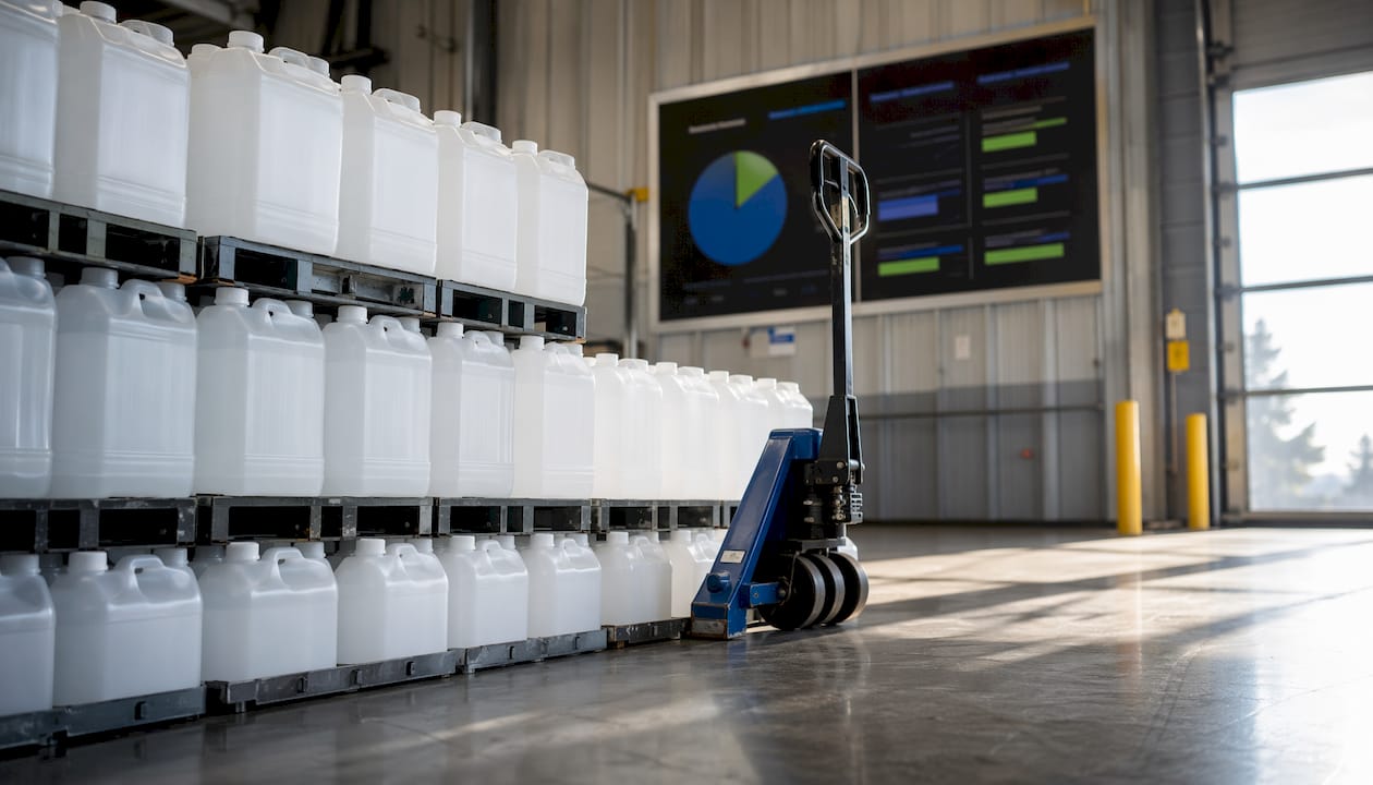 Warehouse scene with DEF jugs and mileage chart
