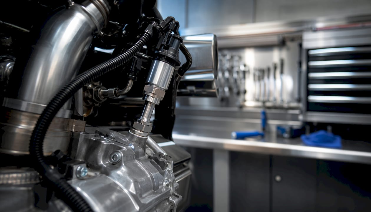 SCR dosing injector close-up in engine bay