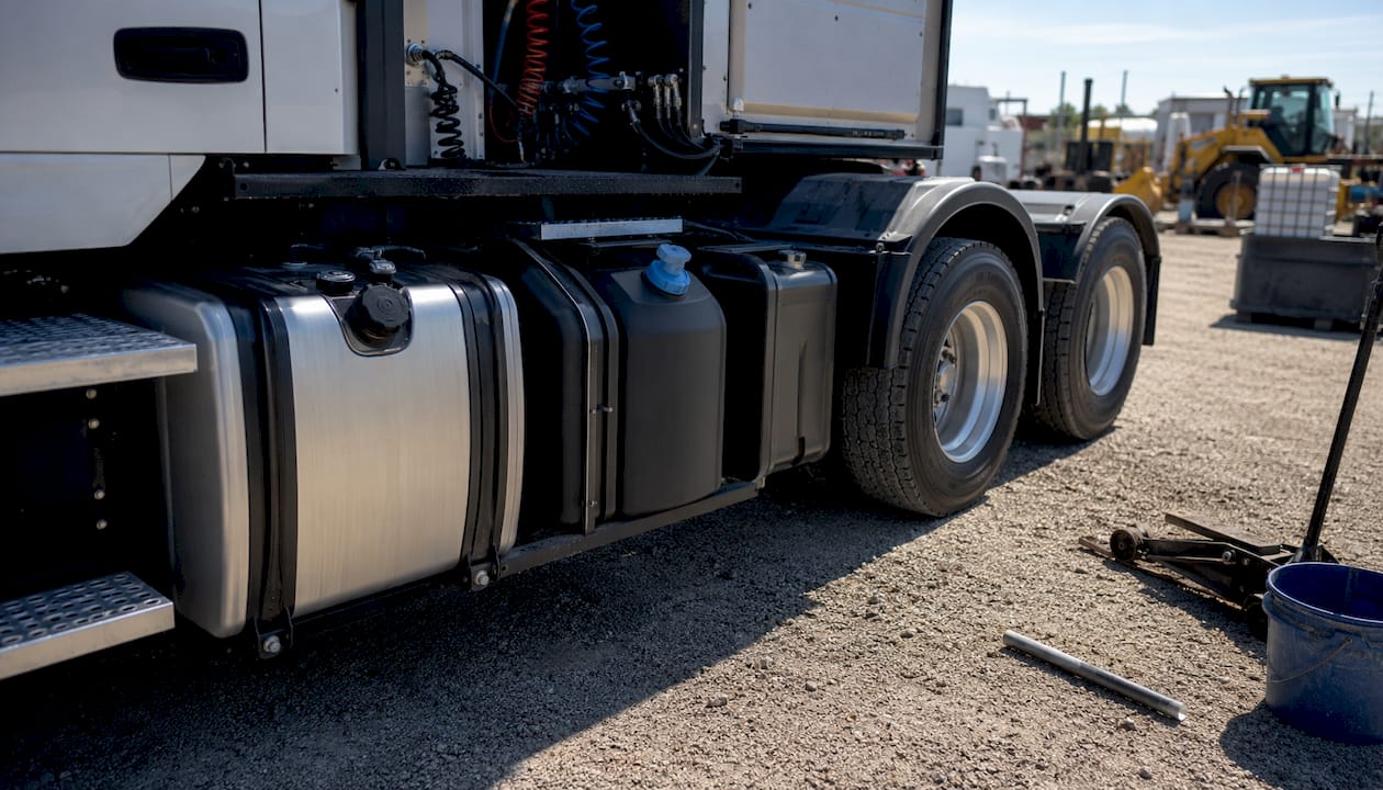 Open diesel and DEF tanks on heavy truck