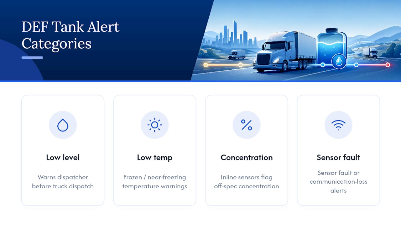 Four DEF tank monitoring alert categories