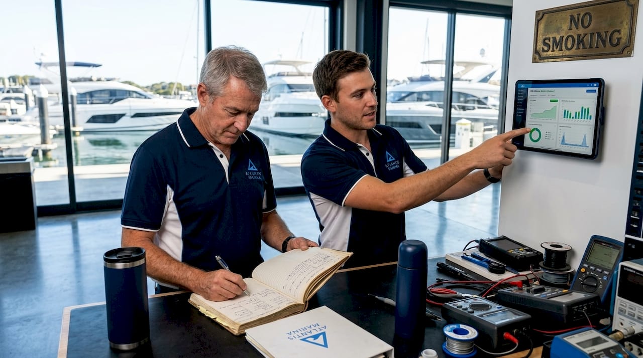 Technicians review boat lift alert dashboard