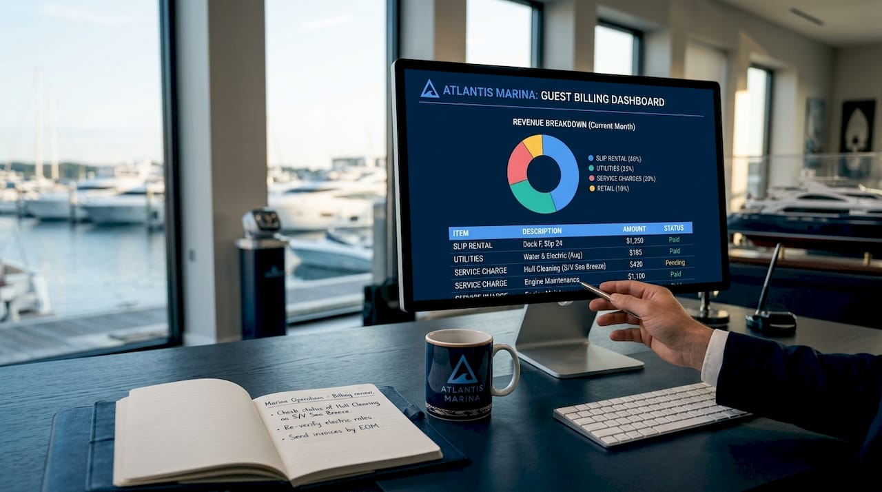 Screen showing unified marina billing system dashboard