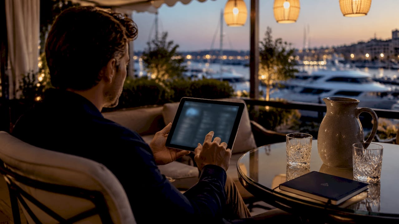 Hands scrolling yacht club member dashboard on tablet