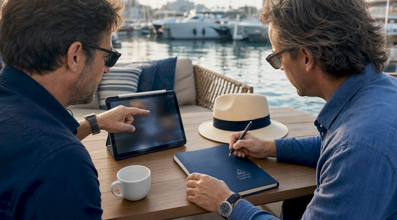 Two men discussing membership platform options at marina café