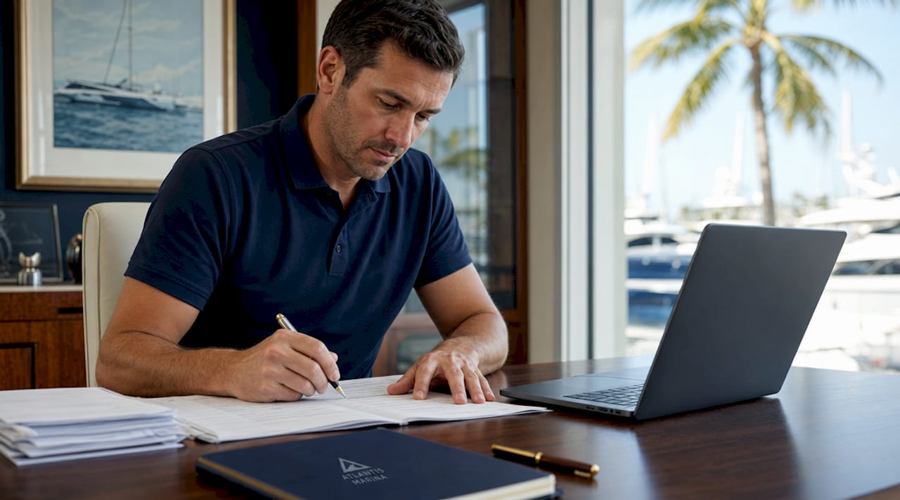 Hands typing with vessel registration paperwork on desk