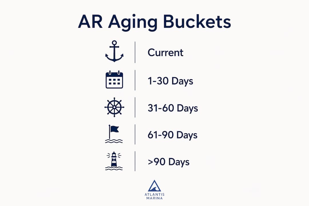 Infographic illustrating accounts receivable aging phases for marina billing