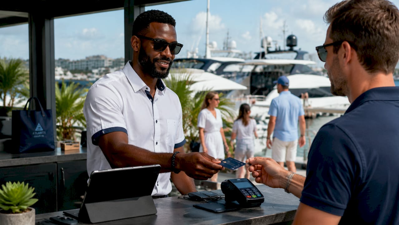 Hands completing unified checkout at marina counter