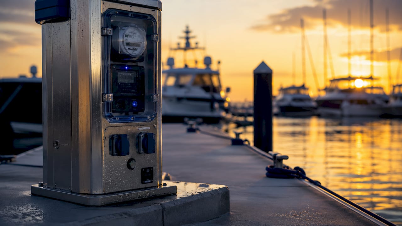 Close-up of smart marina utility pedestal on dock