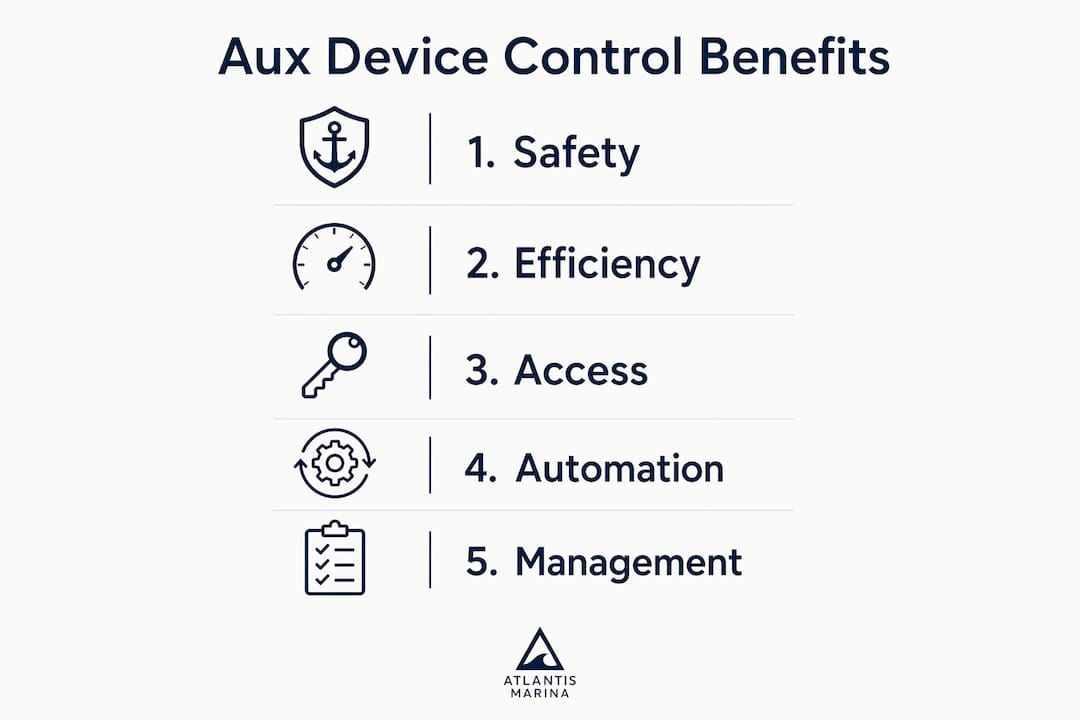 Infographic showing five key benefits of aux device control