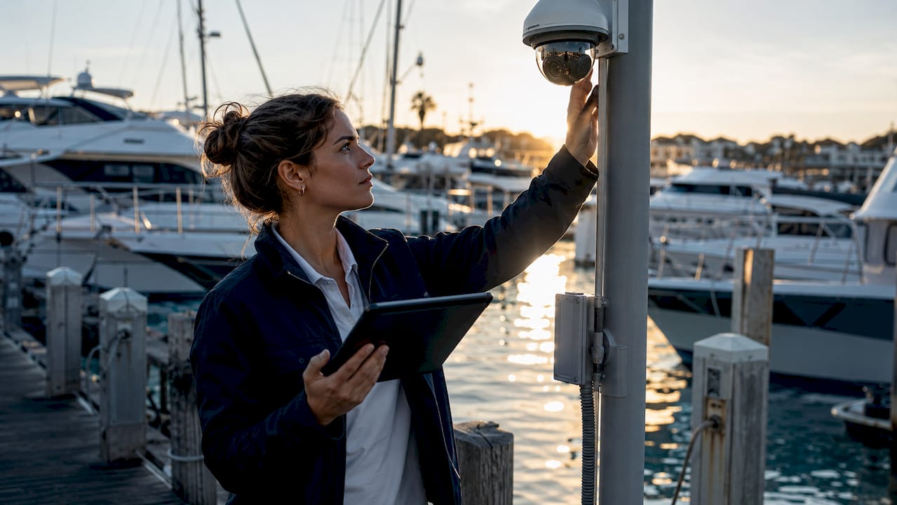 Technician adjusting marina AI occupancy camera