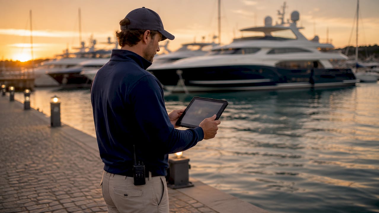 Dockmaster checking marina status on tablet outdoors