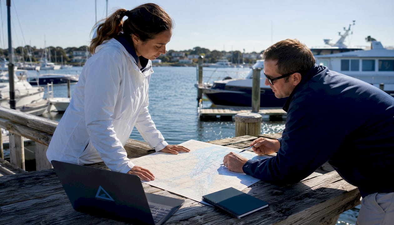 Marina staff collaborating by waterfront planning board
