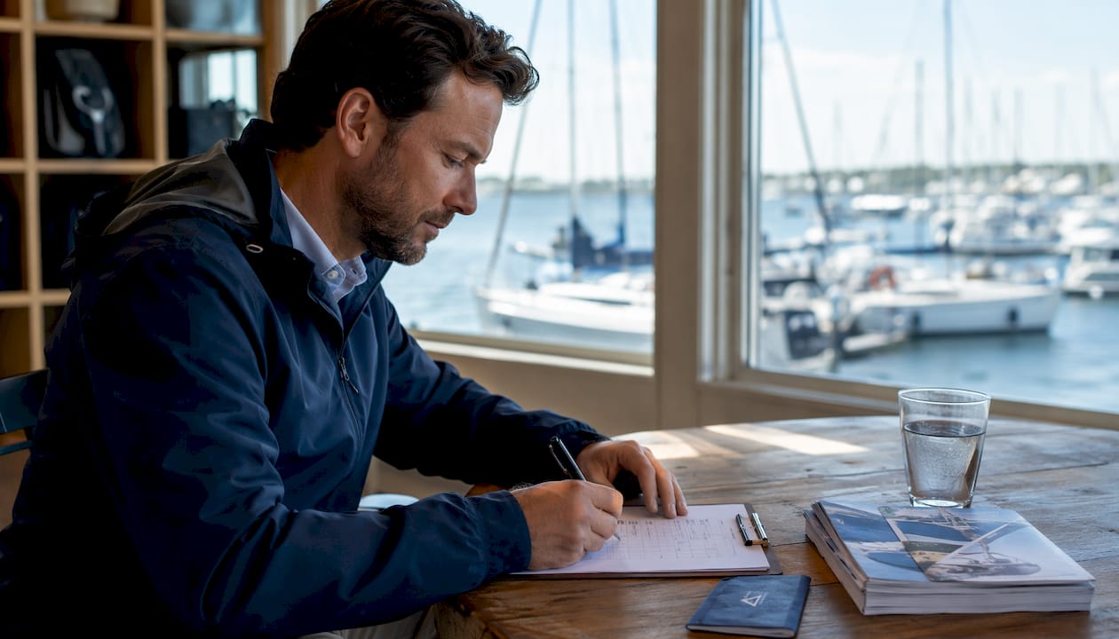 Marina manager completing paper backup check-in