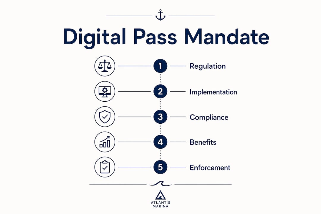 Infographic showing digital pass mandate steps from regulation to enforcement