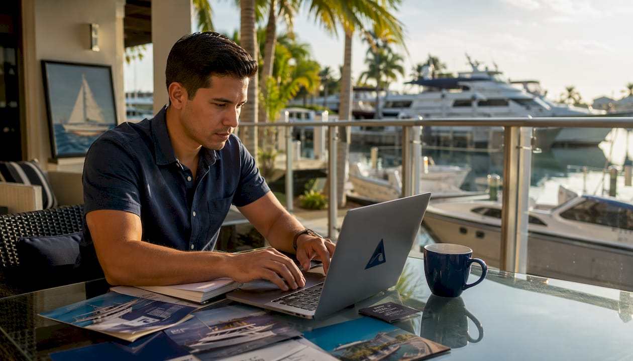 Marina manager working on subscription pricing laptop