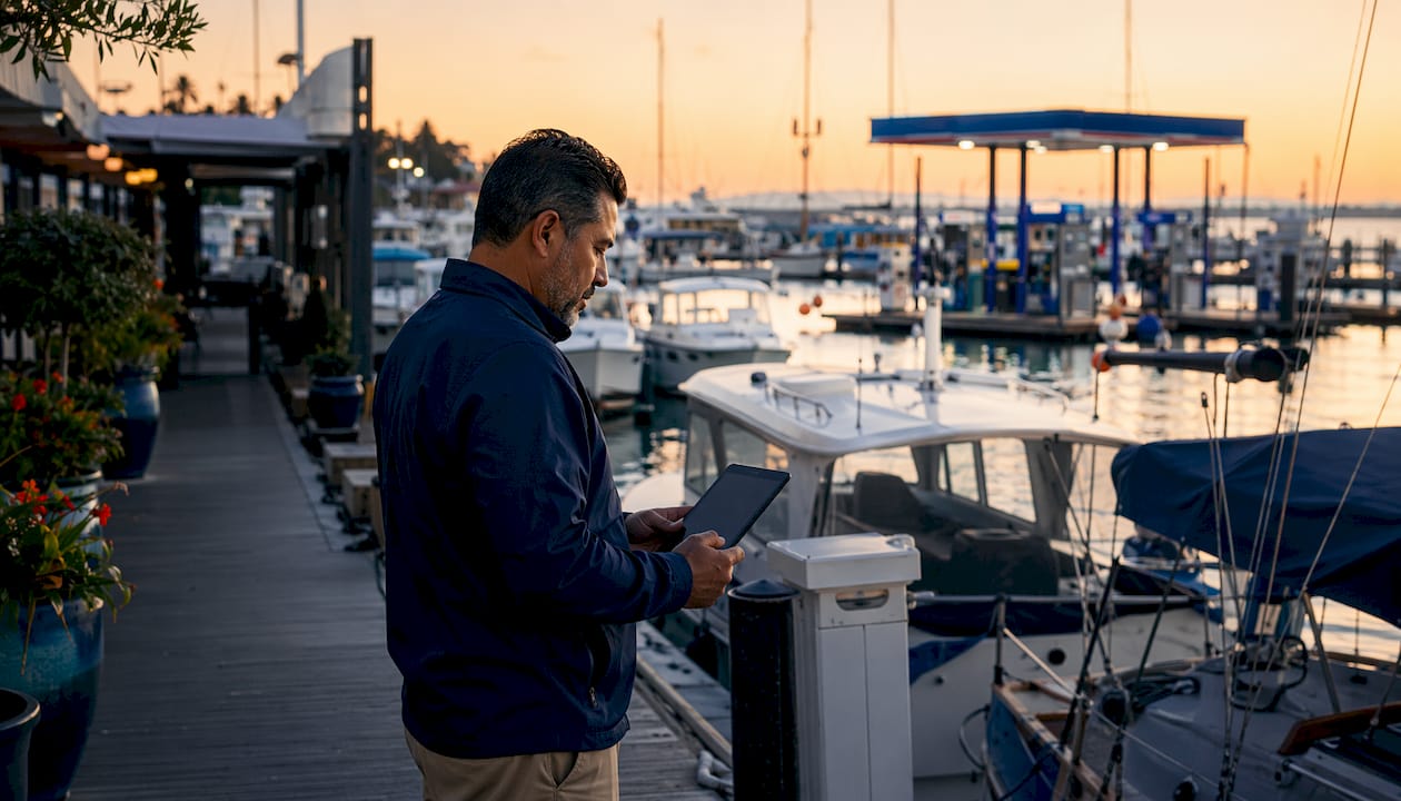 Marina staff managing slips on tablet outdoors