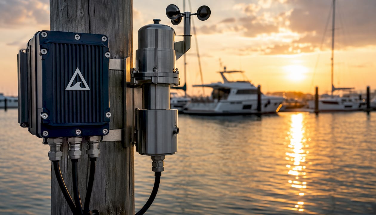 Close-up of marina dock sensors and hardware