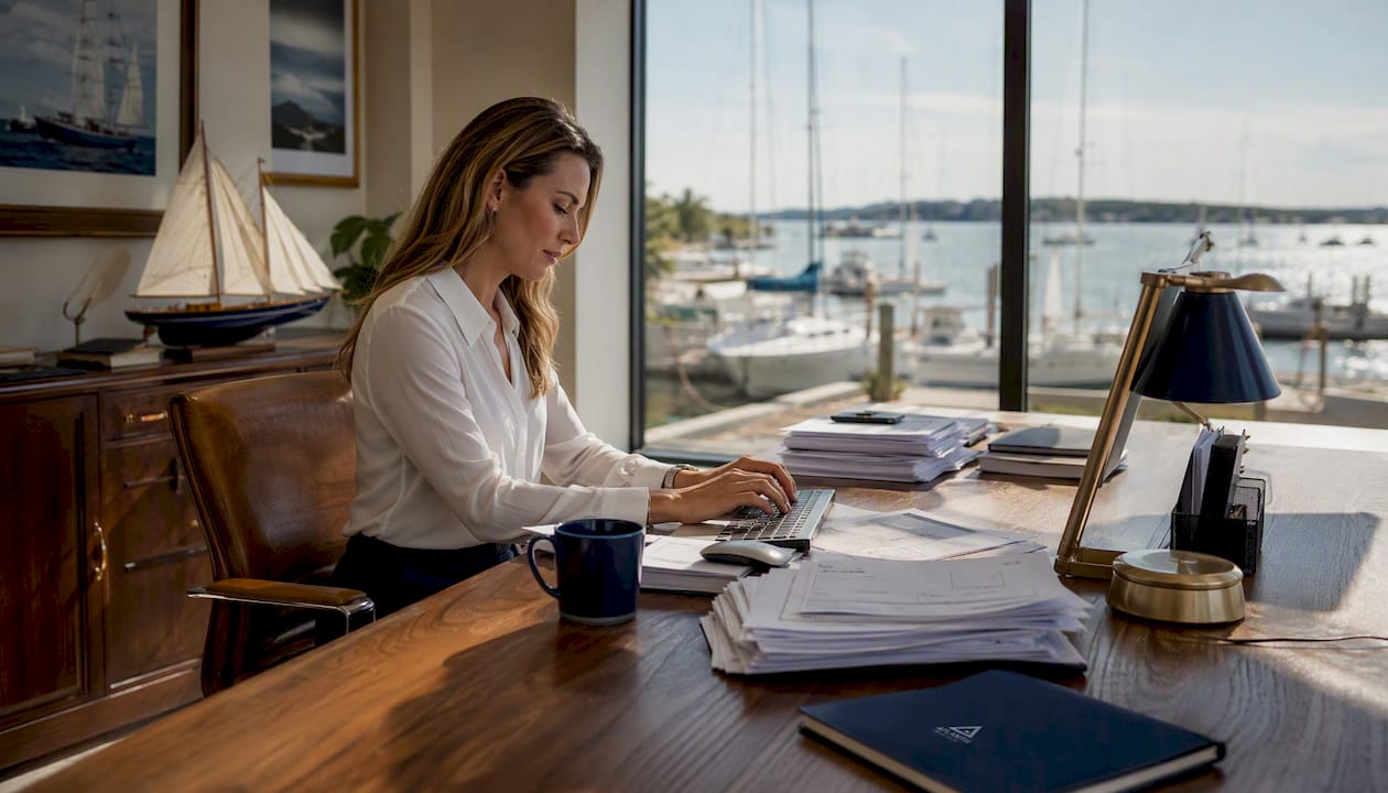 Marina accountant typing on keyboard with invoices