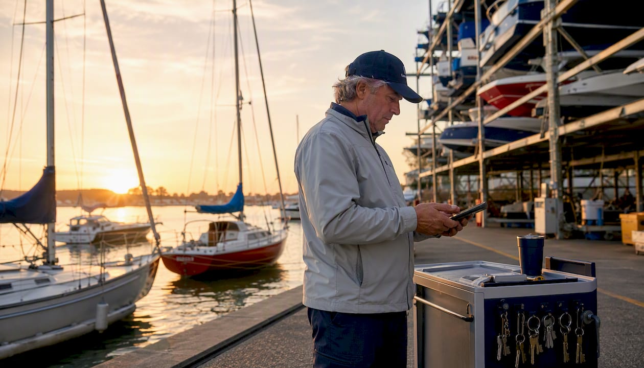 Dockmaster checking handheld device near dry-stack boats