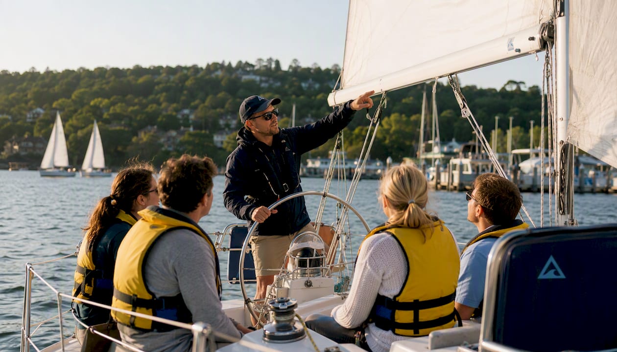 Sailing instructor giving lesson to adult learners