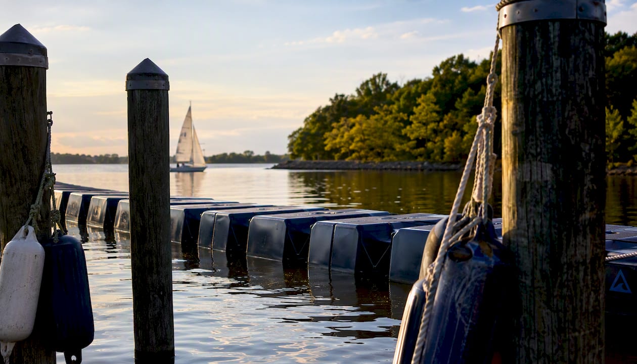 Floating wave attenuator on Potomac River near dock