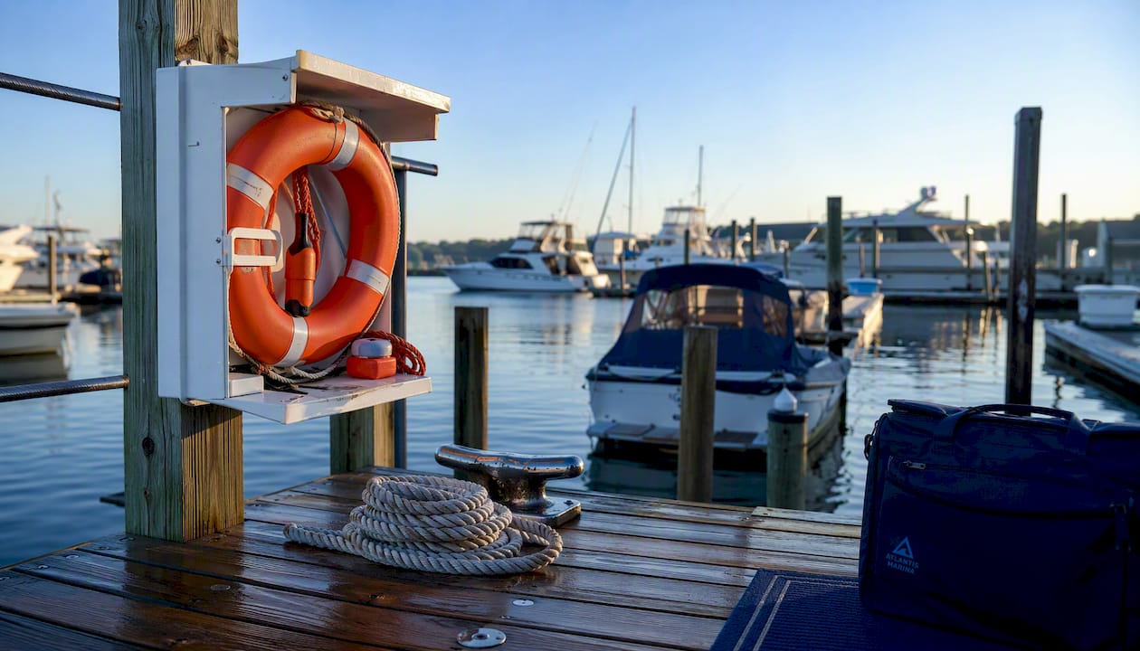 Safety equipment on marina dock at yacht club
