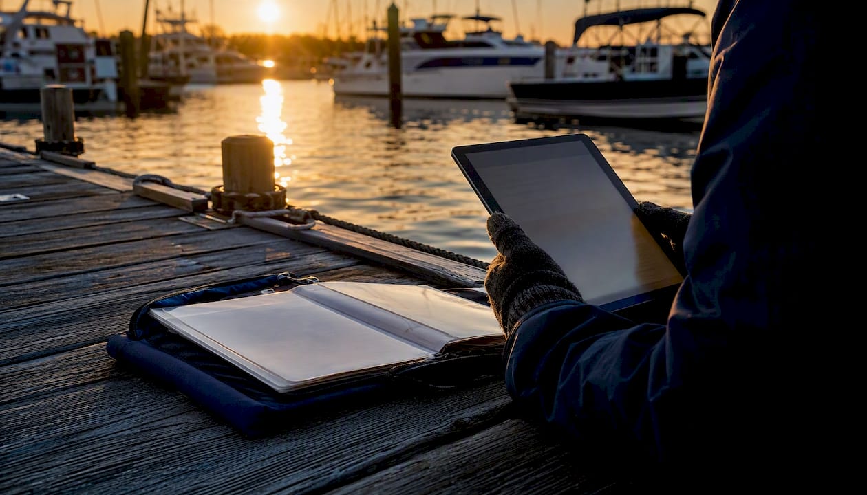 Tablet and logbook at marina dockside with boats
