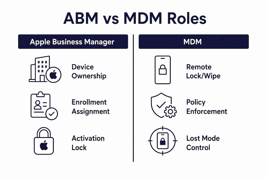 Infographic comparing Apple Business Manager and MDM roles