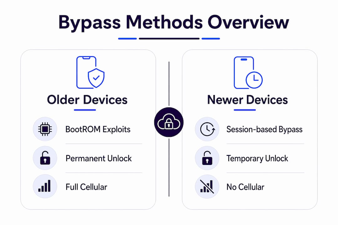 Infographic comparing older and newer activation lock bypass methods