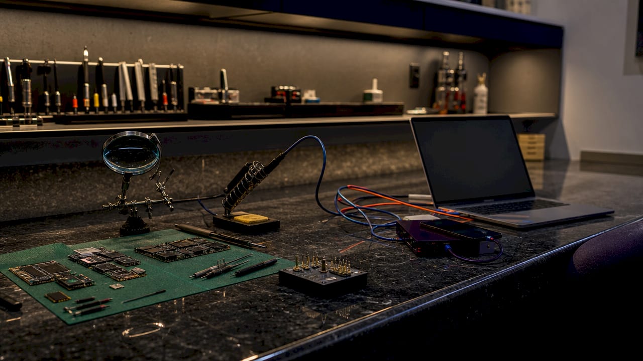 Close-up of activation lock bypass hardware and software tools