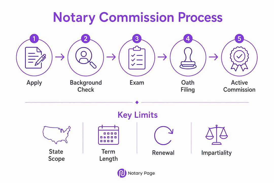 Infographic showing notary commission steps and limits
