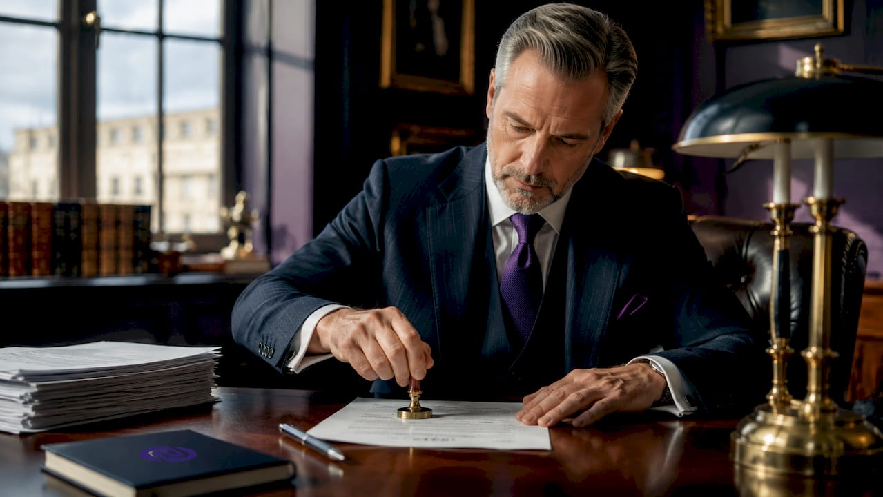 Notary stamping a legal document at desk