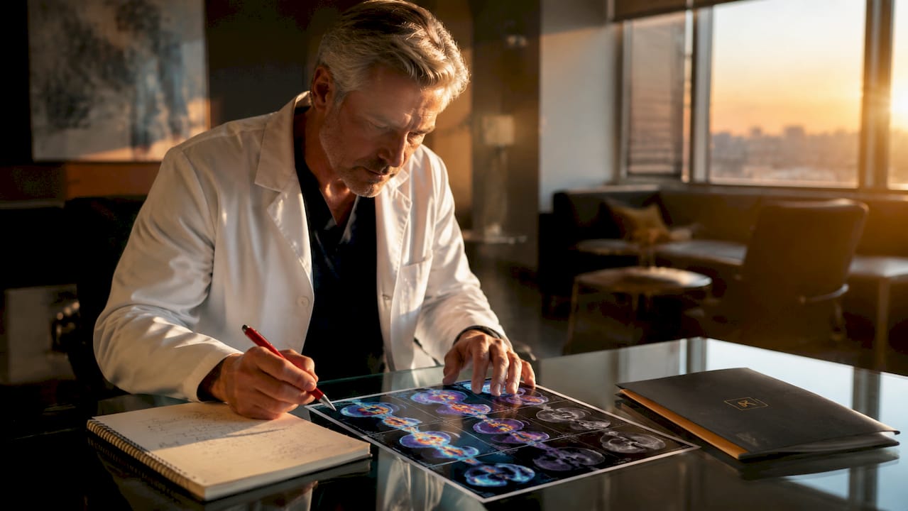 Radiologist analyzing printed PET scan images at desk