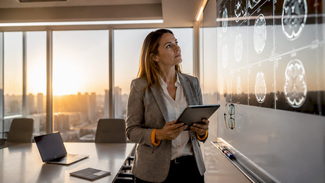 Clinical trial designer reviewing radiology images in conference room
