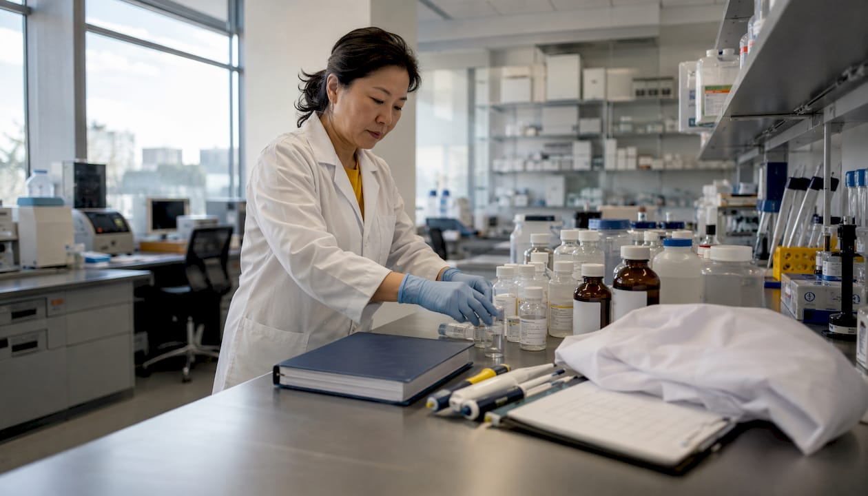 Lab technician arranging reagents in clinical trial lab