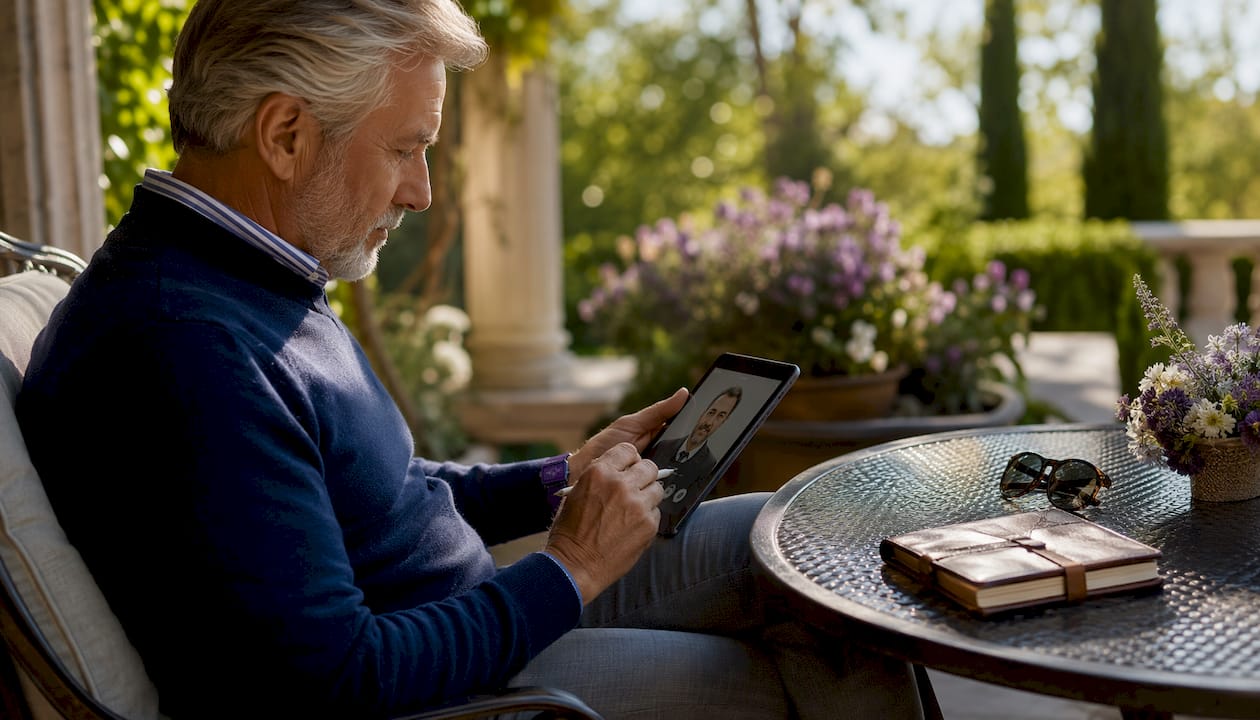 Senior man remote signing on porch tablet