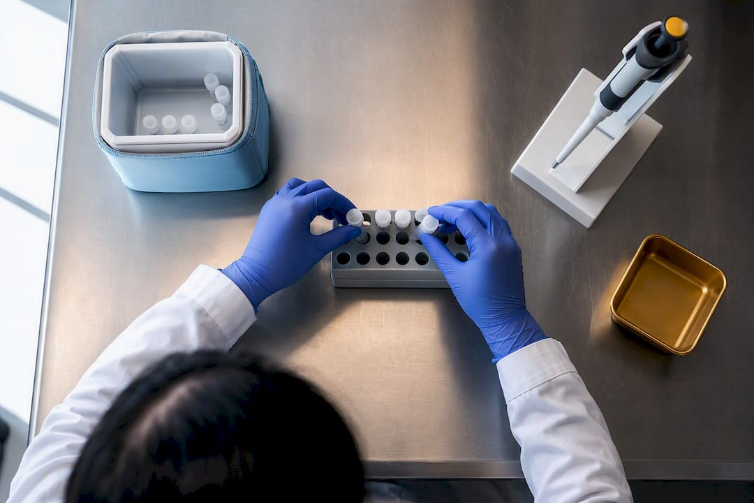 Technologist arranging proficiency test specimens