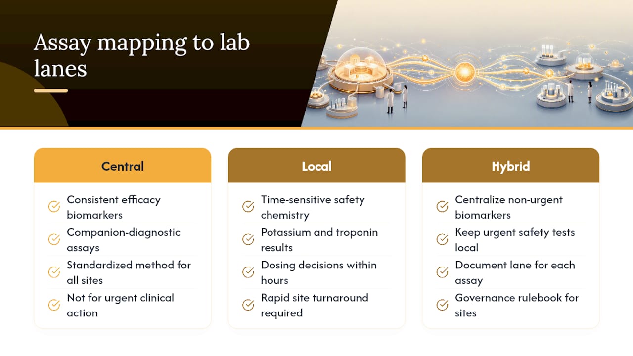 Assays mapped to central local hybrid lab lanes