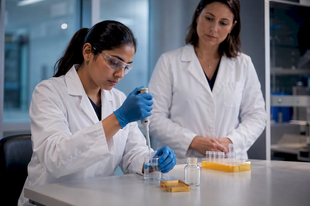 Trainer observing laboratory competency assessment