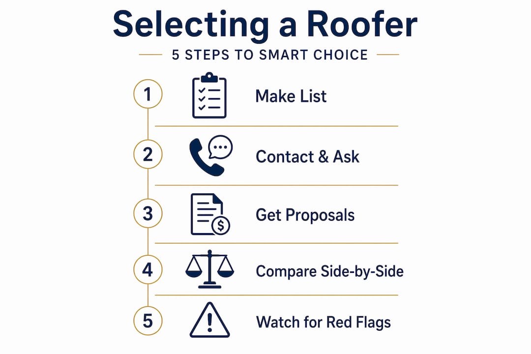 Infographic detailing steps for selecting a roofer