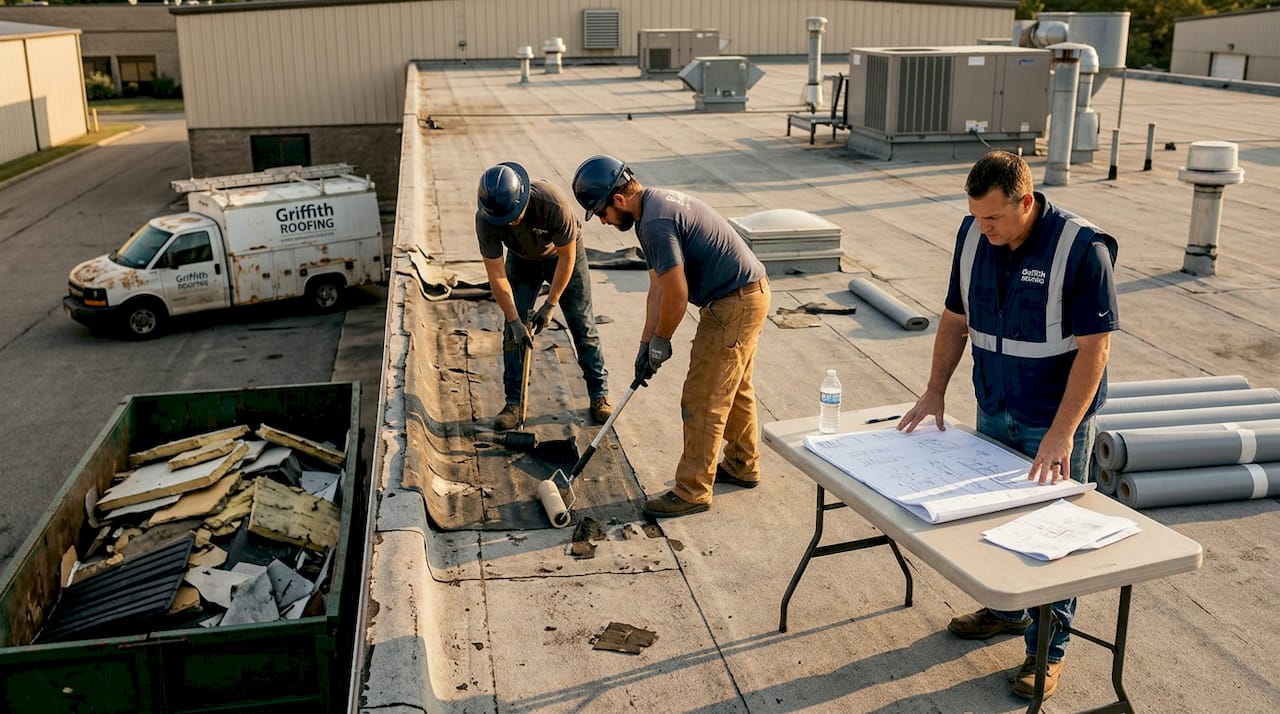 Roofing crew replacing commercial building roof