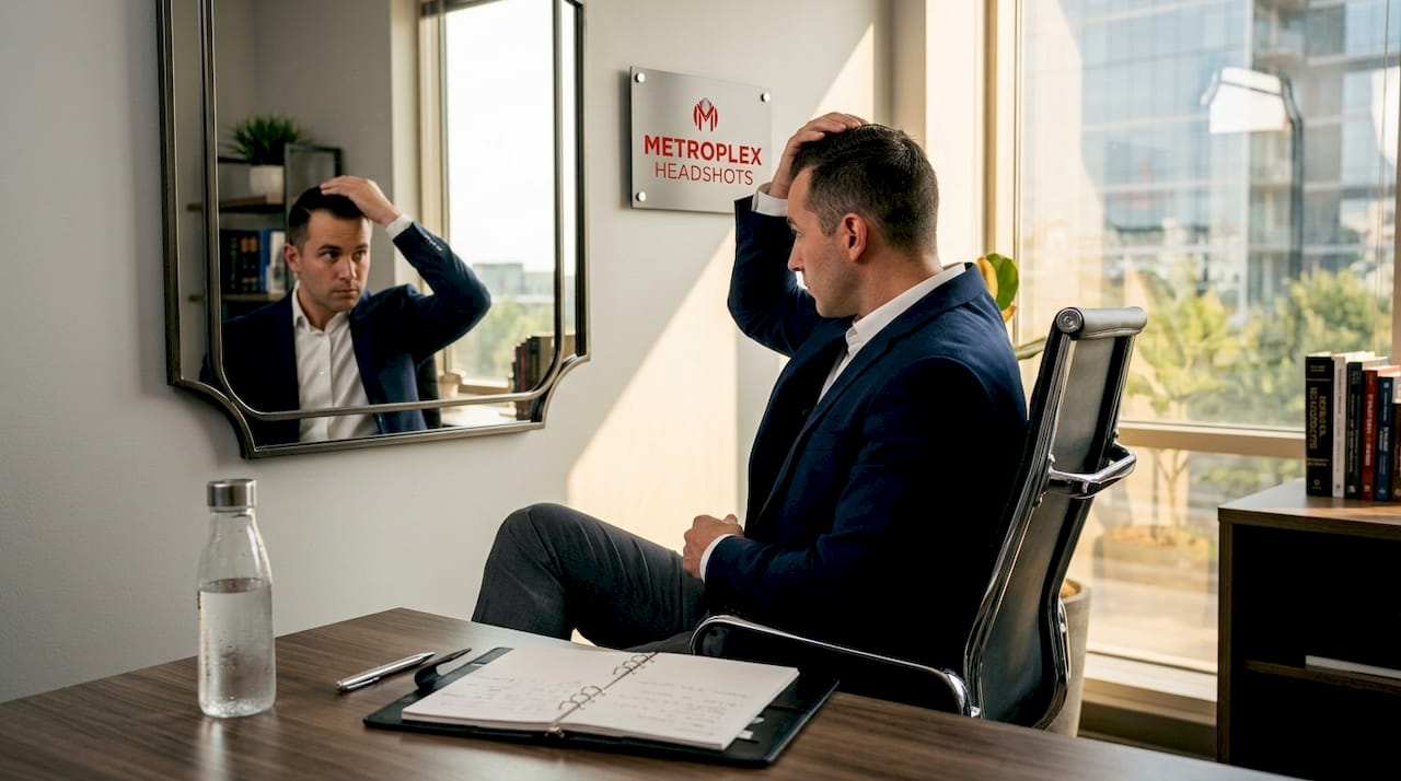 Man fixing hair, focus on subtle grooming details