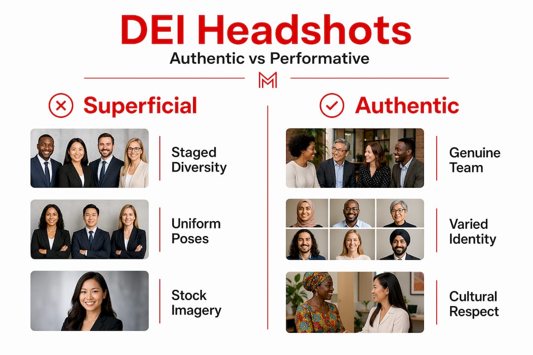 Infographic comparing authentic and performative DEI headshots