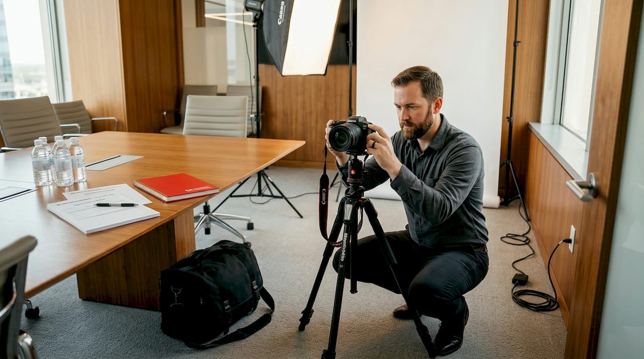Photographer arranging equipment for office headshots