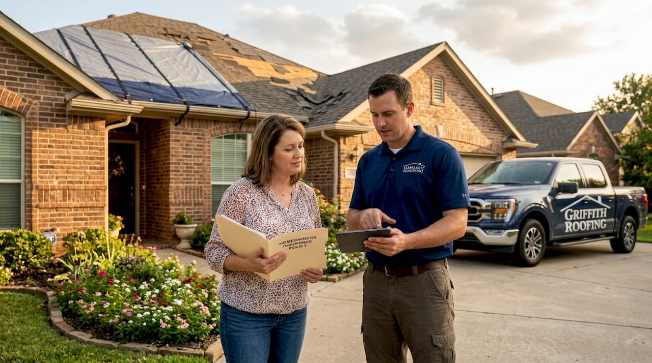 Homeowner and contractor discussing roof insurance claim