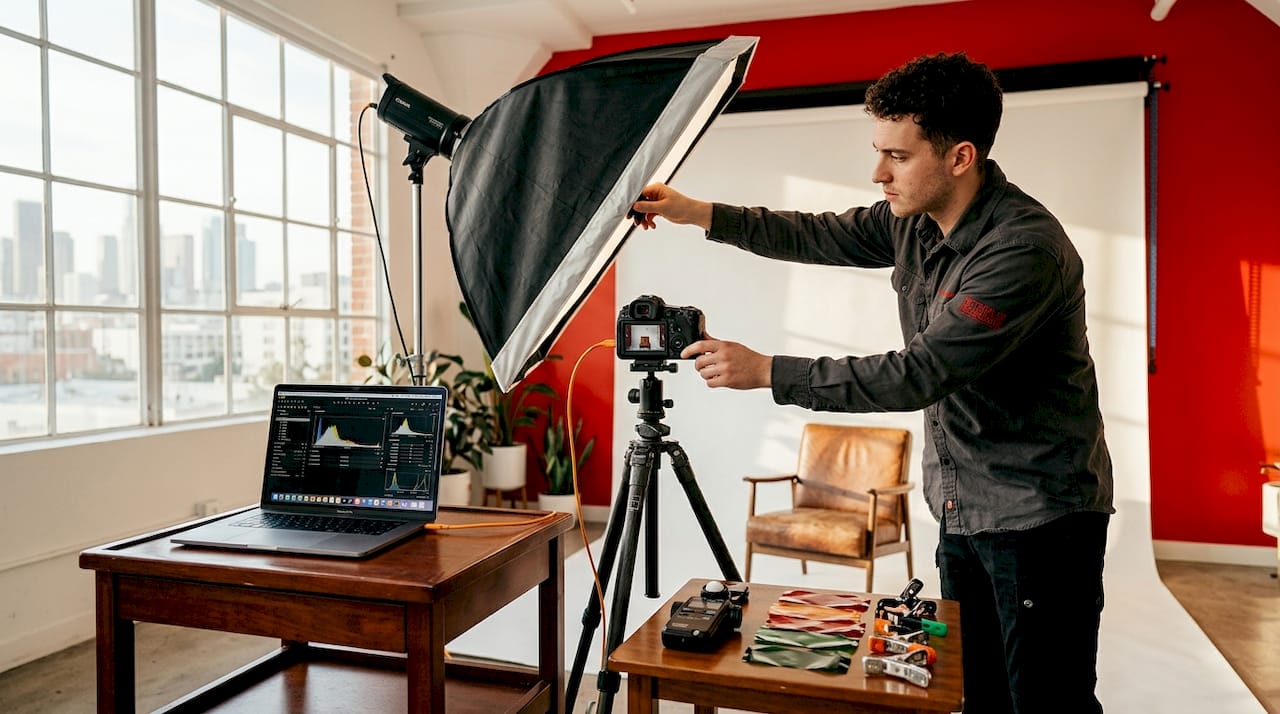 Studio professional adjusting softbox lighting