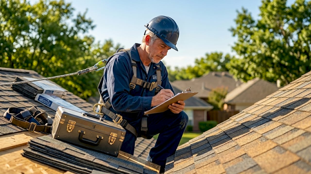 Contractor inspecting roof shingles on home