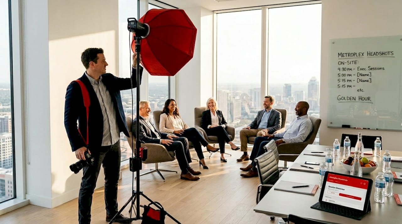 Photographer prepping onsite corporate team headshot session