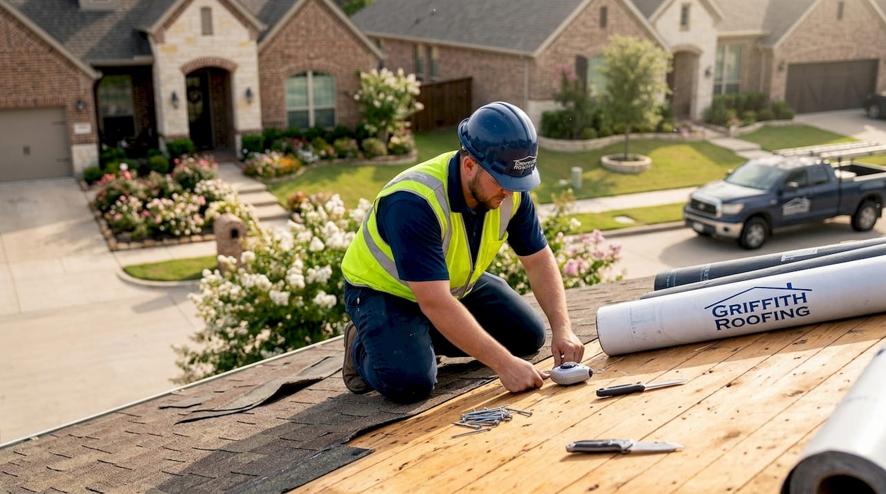 Roofer inspecting roof decking on home