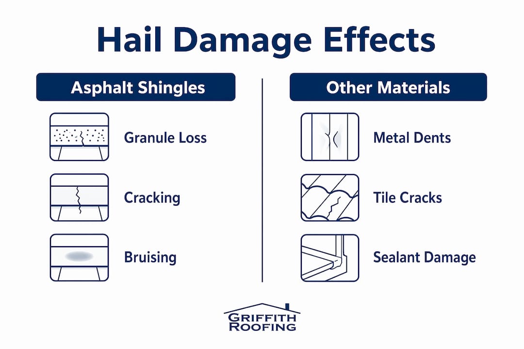 Infographic illustrating hail damage effects on roofing materials